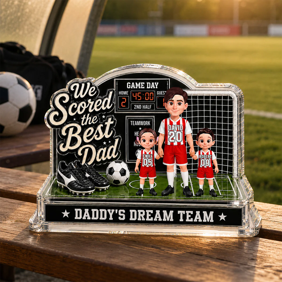 Soccer Dad & Kids On Court 2D Flat - Personalized Acrylic Block Plaque - Gift For Soccer Dad, UK Football Dad - Image 3