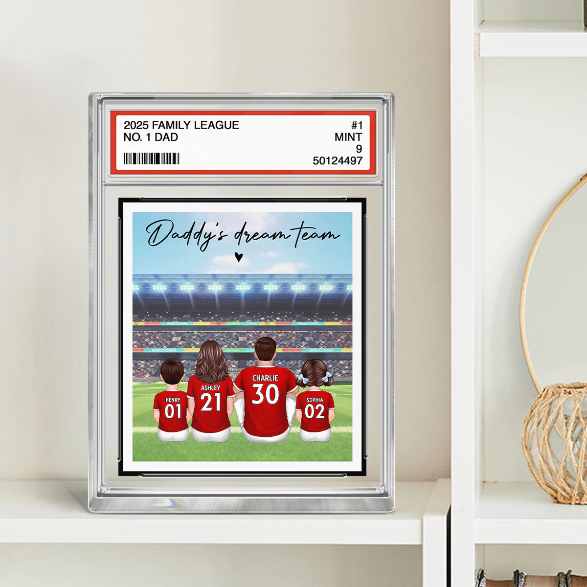 UK AU Football Daddy's Dream Team No. 1 Dad Man & Kids Sitting Trading Card Style - Personalized Acrylic Block Plaque - Image 2
