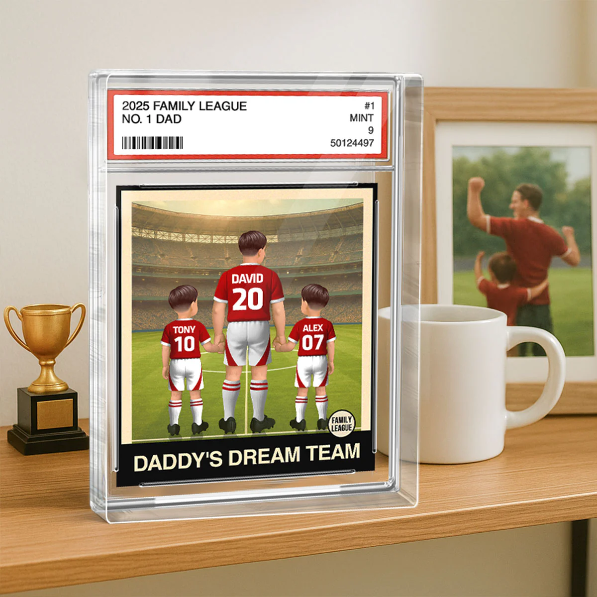 UK AU Football Daddy's Dream Team No. 1 Dad Man & Kids Trading Card Style Personalized Acrylic Block Plaque - Image 2