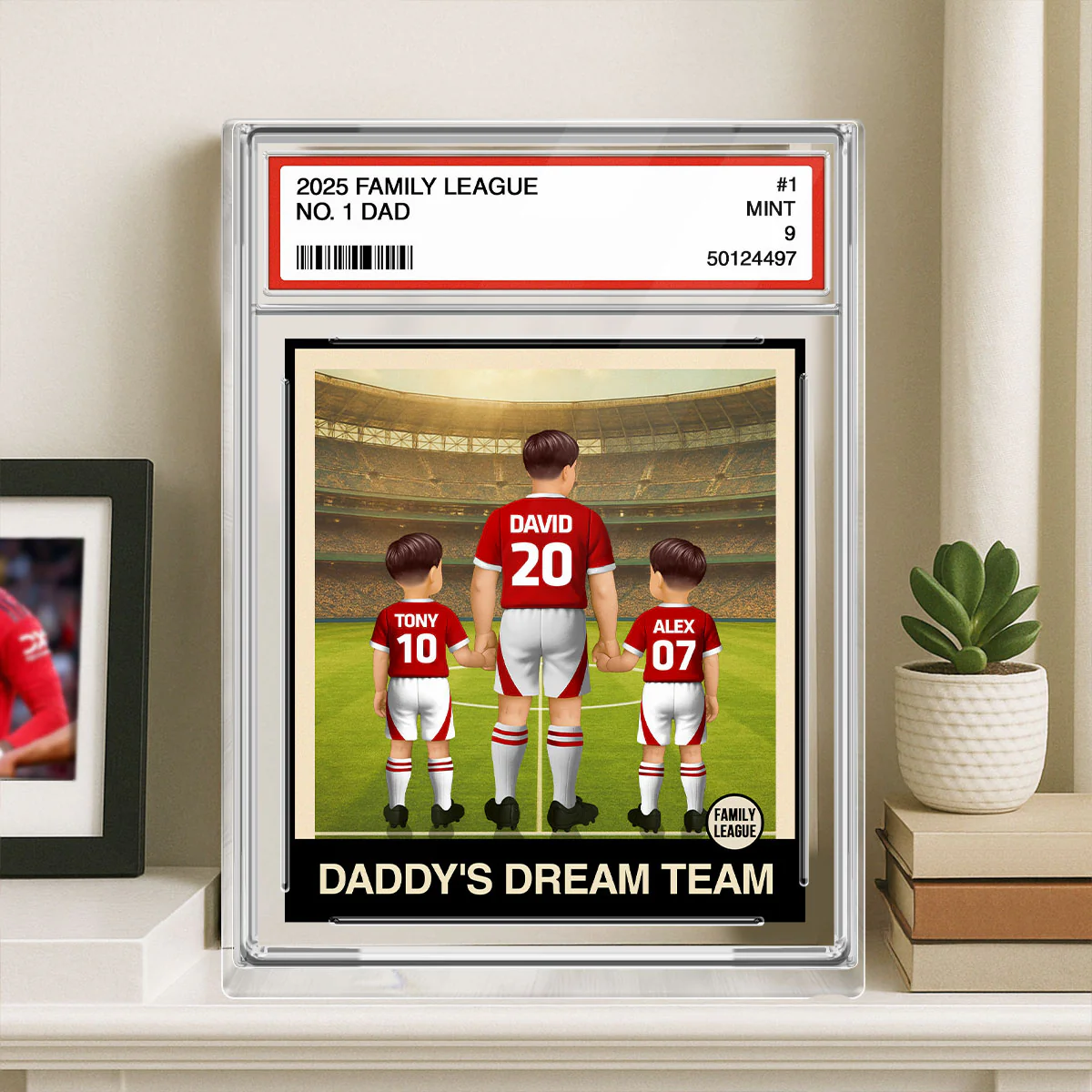 UK AU Football Daddy's Dream Team No. 1 Dad Man & Kids Trading Card Style Personalized Acrylic Block Plaque - Image 5