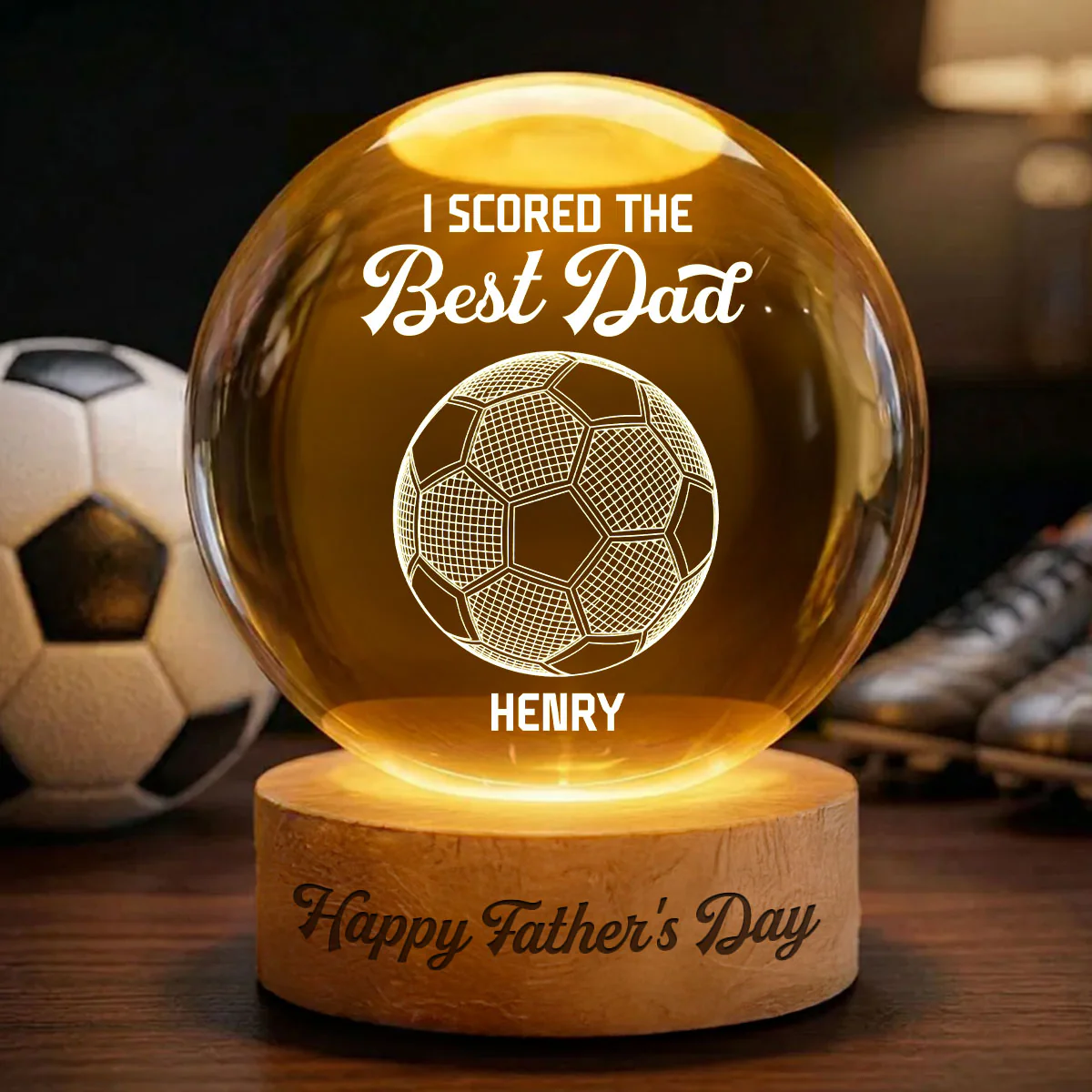 Soccer We Scored The Best Dad Illusion - Personalized Crystal Ball LED Night Light - Gift For Dad
