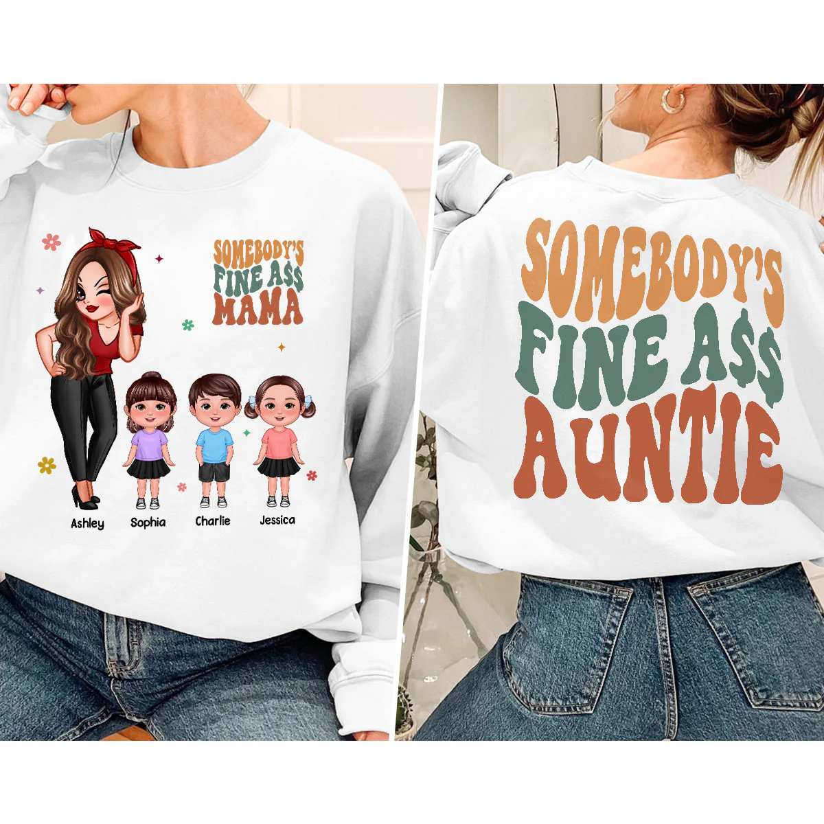 Somebody‘s Fine Grandma Mom Auntie Pretty Woman With Grandkids Personalized Double Sided Sweatshirt - Image 2