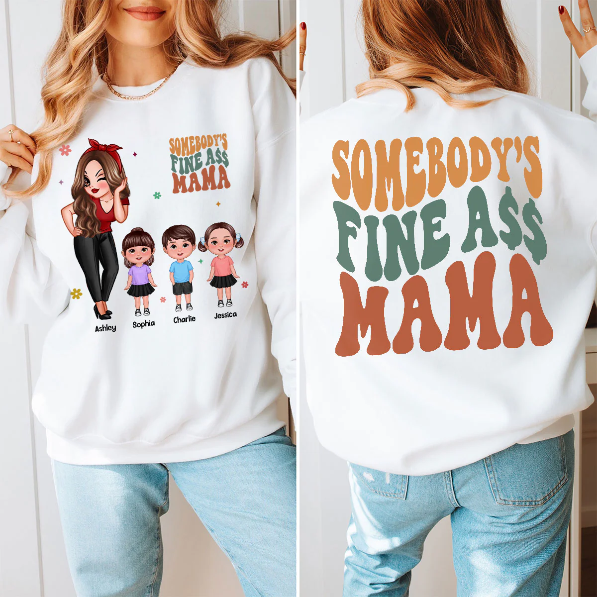 Somebody‘s Fine Grandma Mom Auntie Pretty Woman With Grandkids Personalized Double Sided Sweatshirt - Image 4