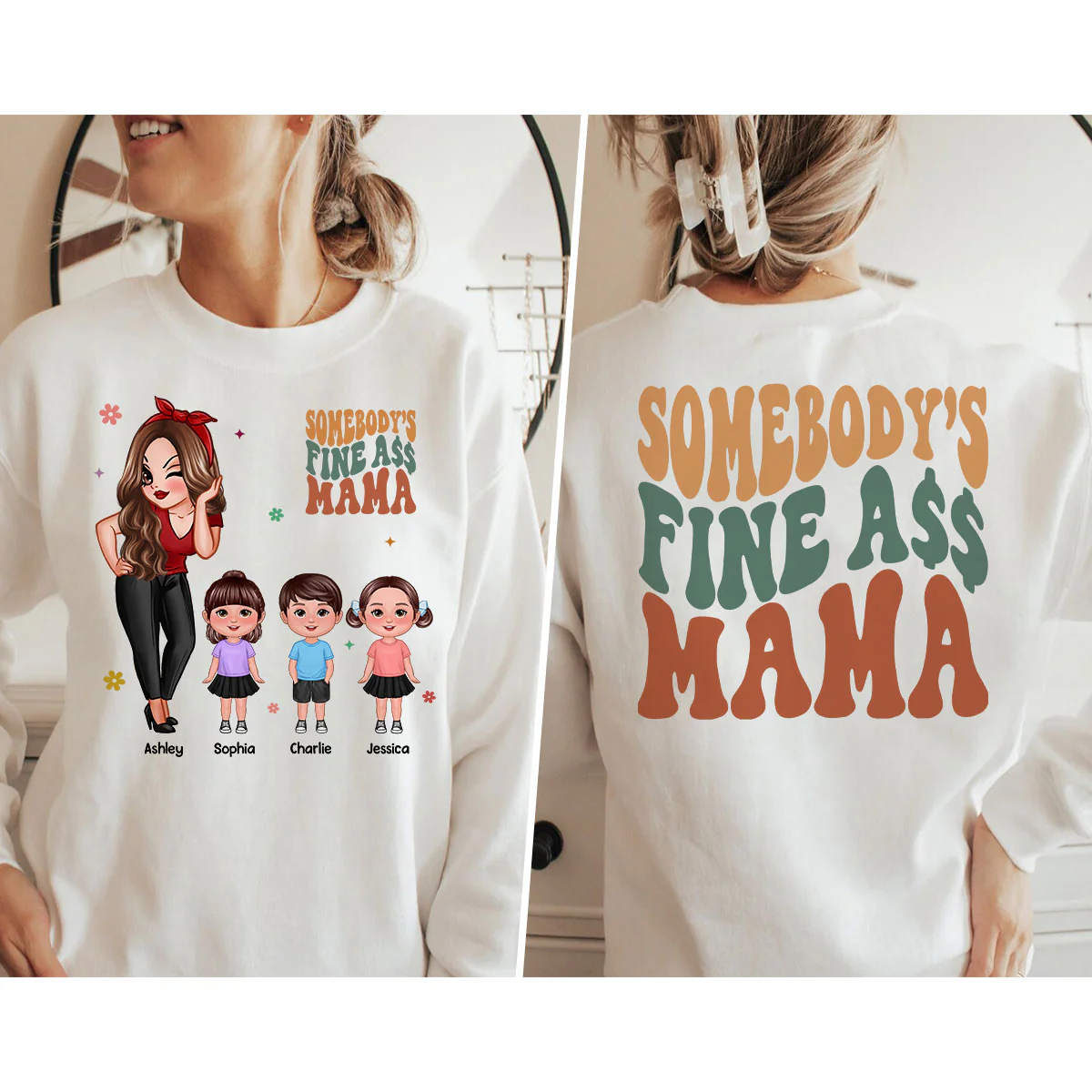 Somebody‘s Fine Grandma Mom Auntie Pretty Woman With Grandkids Personalized Double Sided Sweatshirt - Image 5