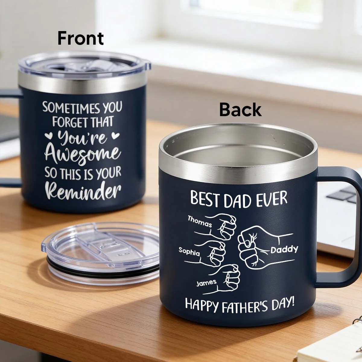 Sometimes You Forget That You're Awesome Best Dad Ever Fist Bumps - Personalized Stainless Steel Tumbler with Handle - Image 2