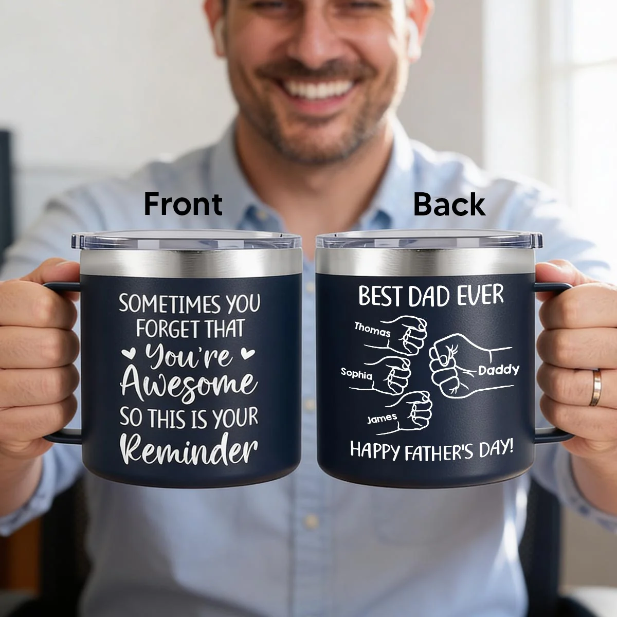 Sometimes You Forget That You're Awesome Best Dad Ever Fist Bumps - Personalized Stainless Steel Tumbler with Handle - Image 3