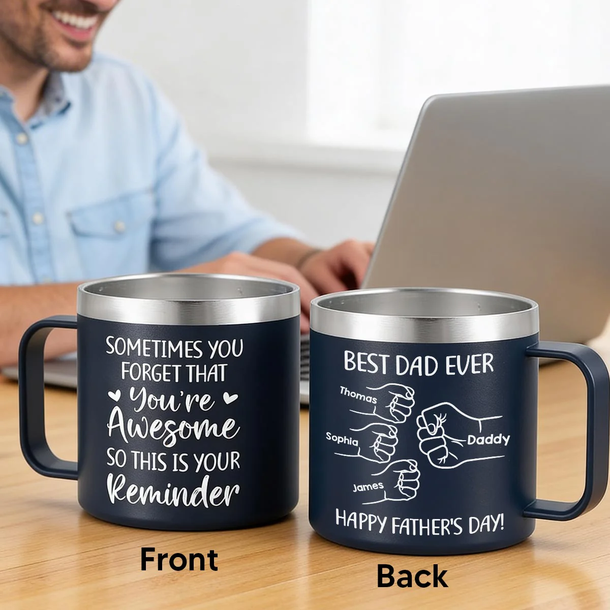 Sometimes You Forget That You're Awesome Best Dad Ever Fist Bumps - Personalized Stainless Steel Tumbler with Handle - Image 4