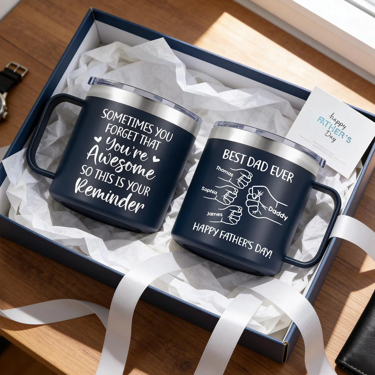 Sometimes You Forget That You're Awesome Best Dad Ever Fist Bumps - Personalized Stainless Steel Tumbler with Handle - Image 5
