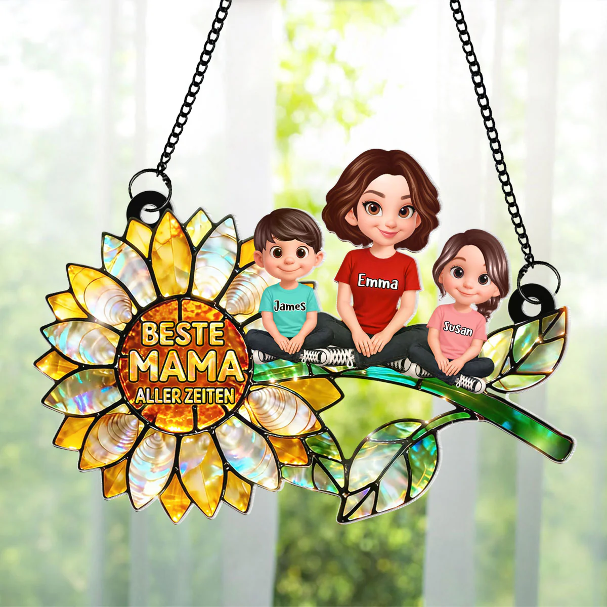 Sonnenblumen-Mama mit Kindern – Personalisierter Suncatcher fürs Fenster – Liebevolles Muttertagsgeschenk für Mama oder Ehefrau - Image 3