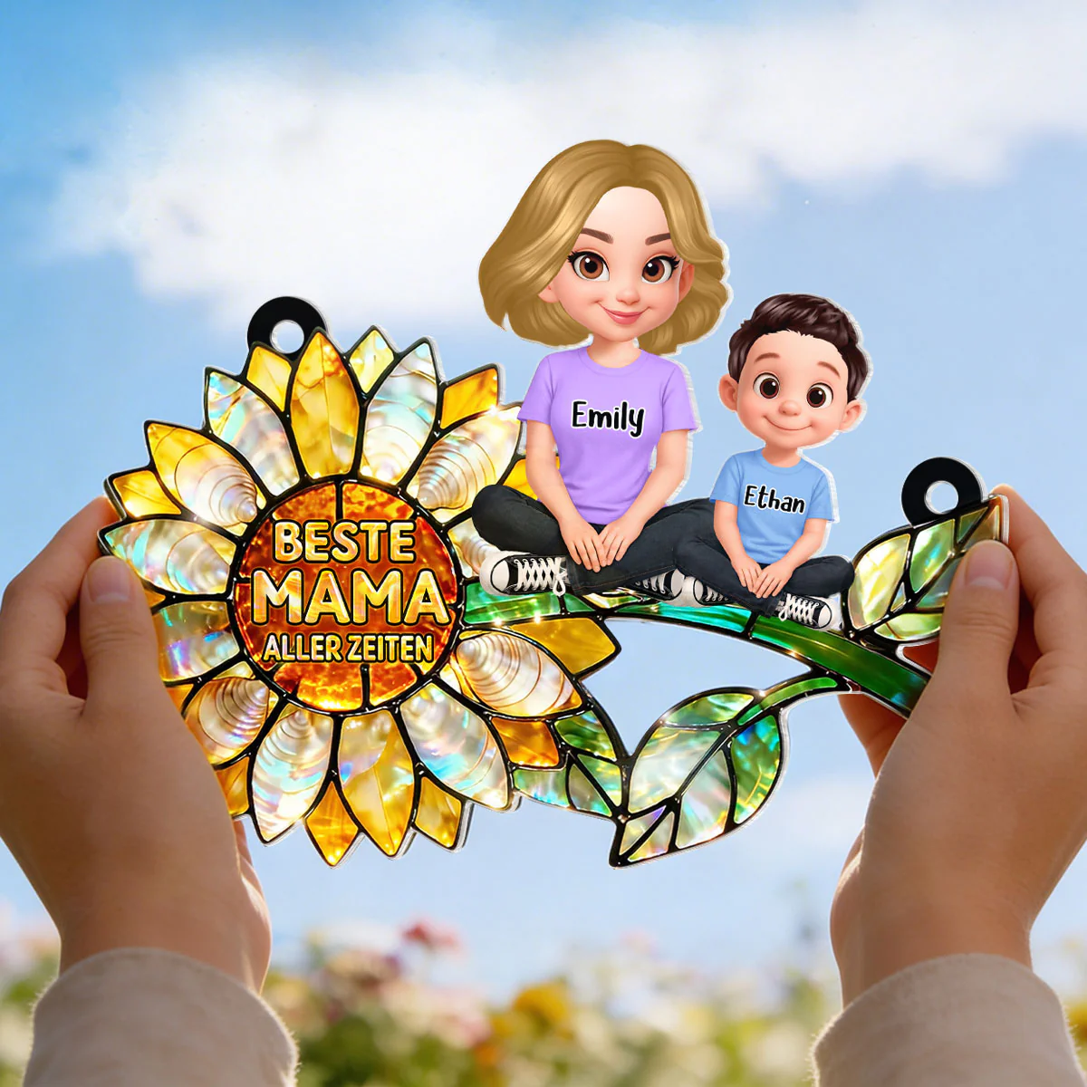 Sonnenblumen-Mama mit Kindern – Personalisierter Suncatcher fürs Fenster – Liebevolles Muttertagsgeschenk für Mama oder Ehefrau - Image 5