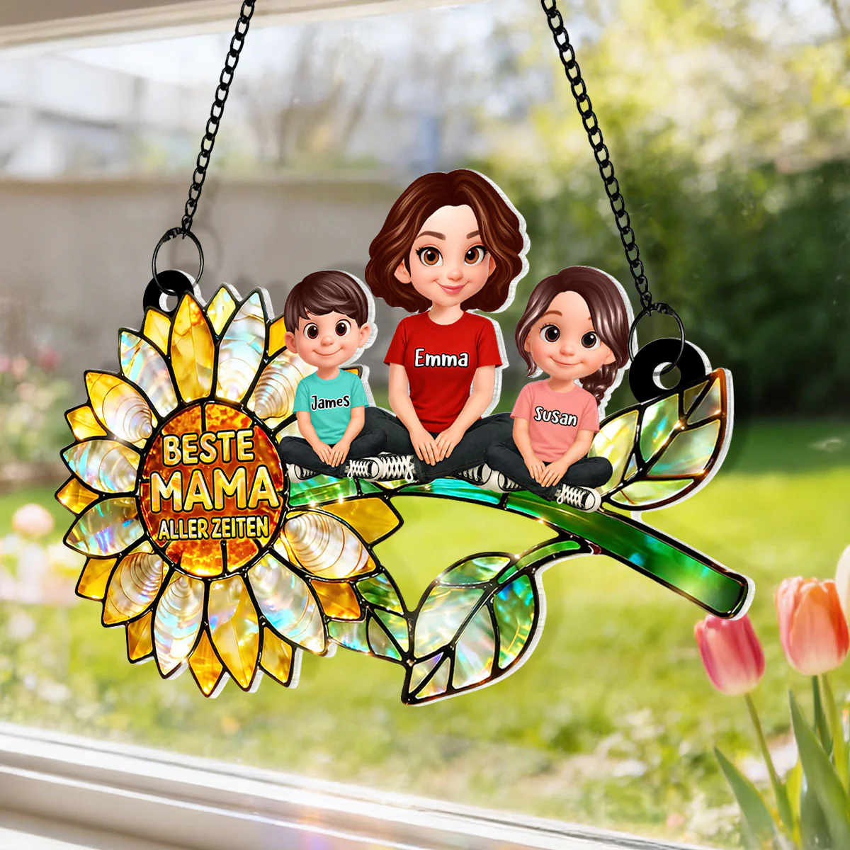 Sonnenblumen-Mama mit Kindern – Personalisierter Suncatcher fürs Fenster – Liebevolles Muttertagsgeschenk für Mama oder Ehefrau - Image 6