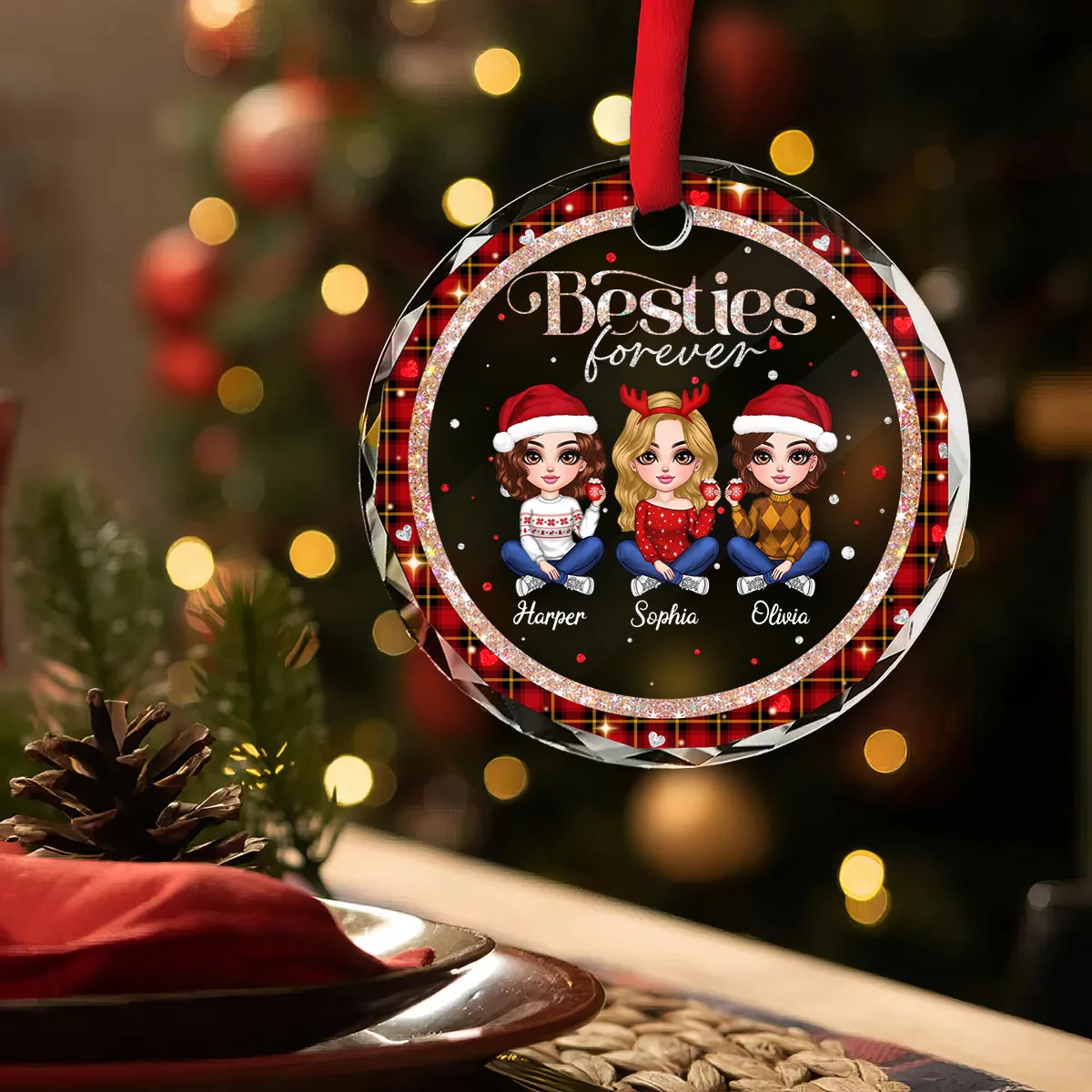 Sparkling Checkered Pattern Lovely Besties Personalized Glass Ornament - Image 3