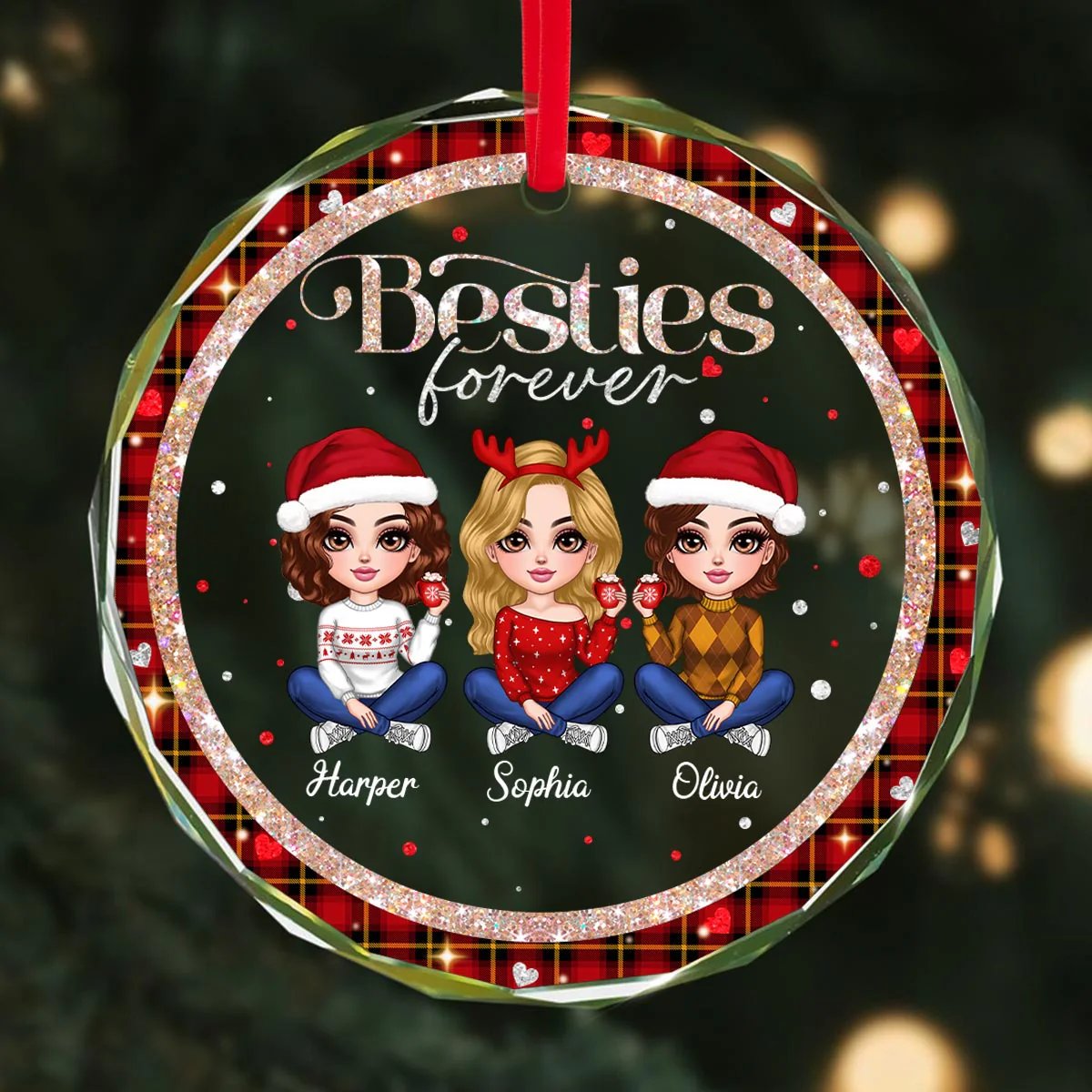 Sparkling Checkered Pattern Lovely Besties Personalized Glass Ornament - Image 4