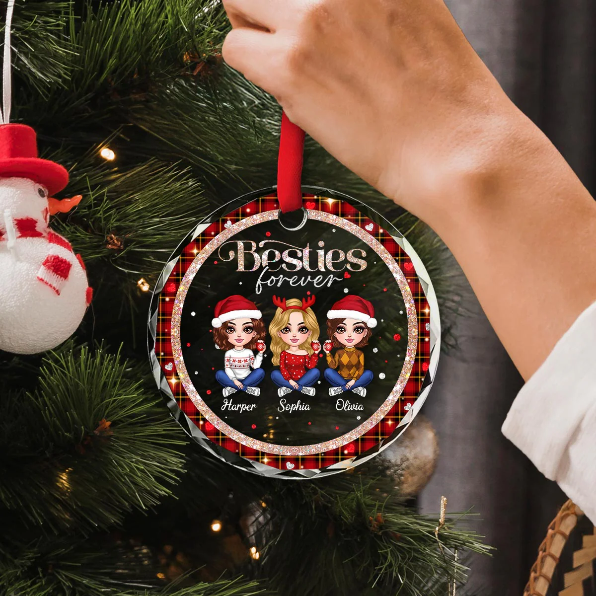 Sparkling Checkered Pattern Lovely Besties Personalized Glass Ornament - Image 5