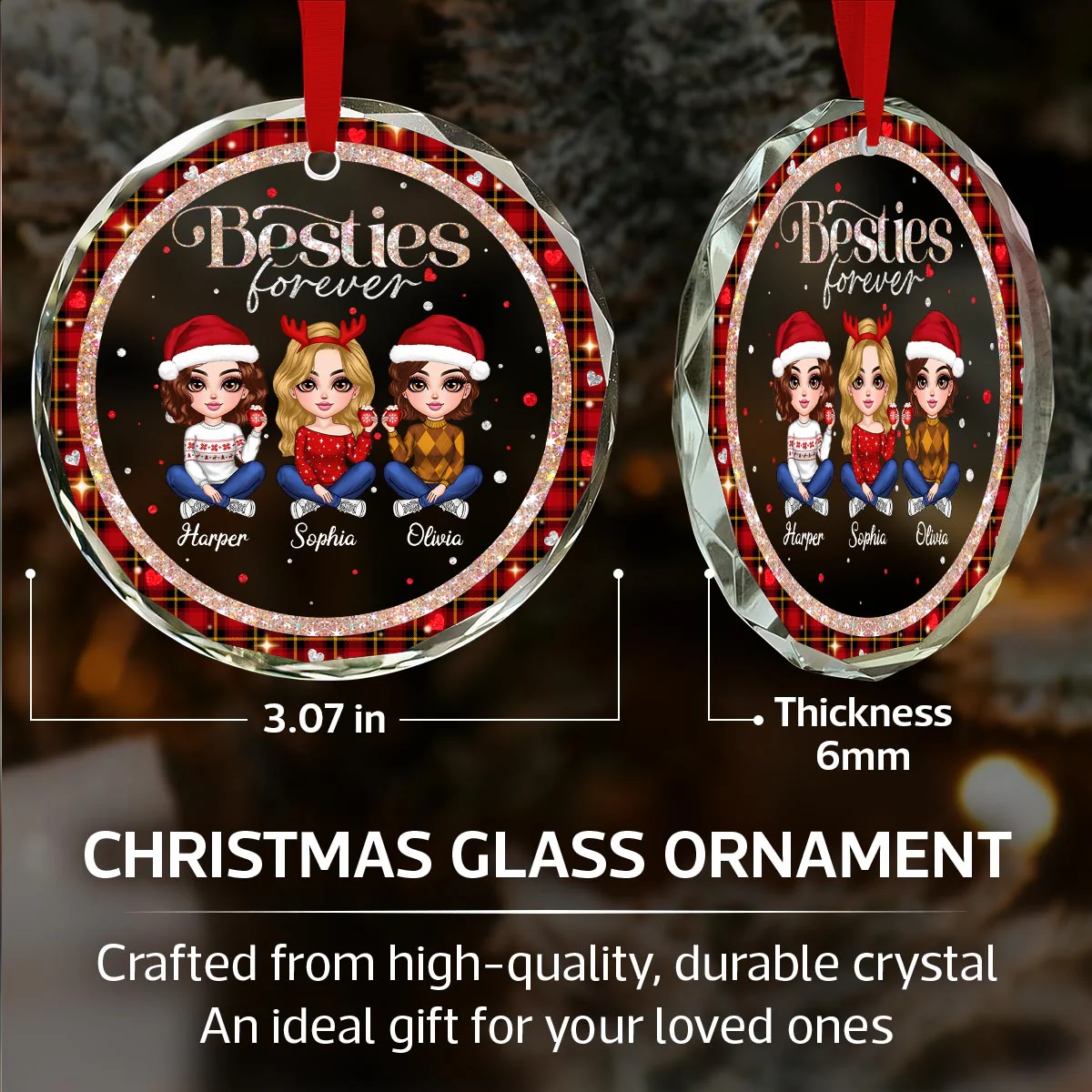 Sparkling Checkered Pattern Lovely Besties Personalized Glass Ornament - Image 7