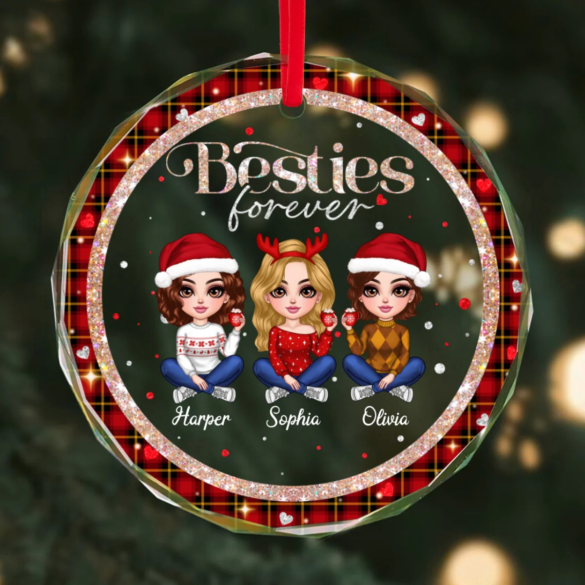 Sparkling Checkered Pattern Lovely Besties Personalized Glass Ornament - Image 8