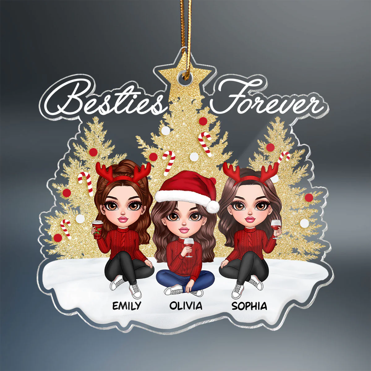 Sparkling Christmas Tree Besties Forever Personalized Acrylic Ornament, Christmas Gift For Best Friends - Image 2
