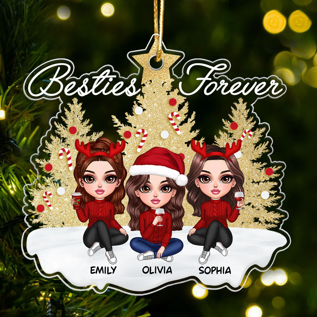 Sparkling Christmas Tree Besties Forever Personalized Acrylic Ornament, Christmas Gift For Best Friends - Image 3