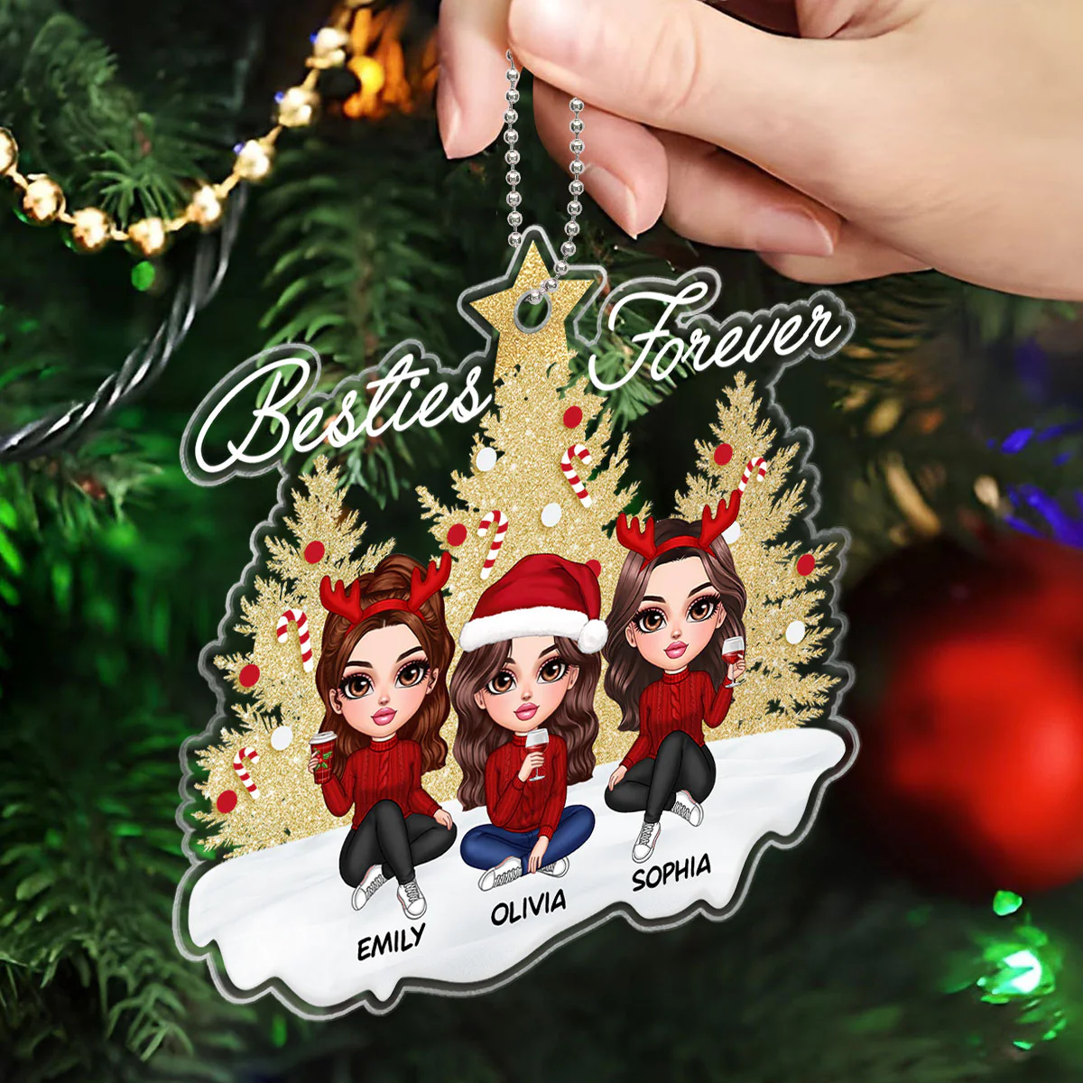 Sparkling Christmas Tree Besties Forever Personalized Acrylic Ornament, Christmas Gift For Best Friends - Image 4
