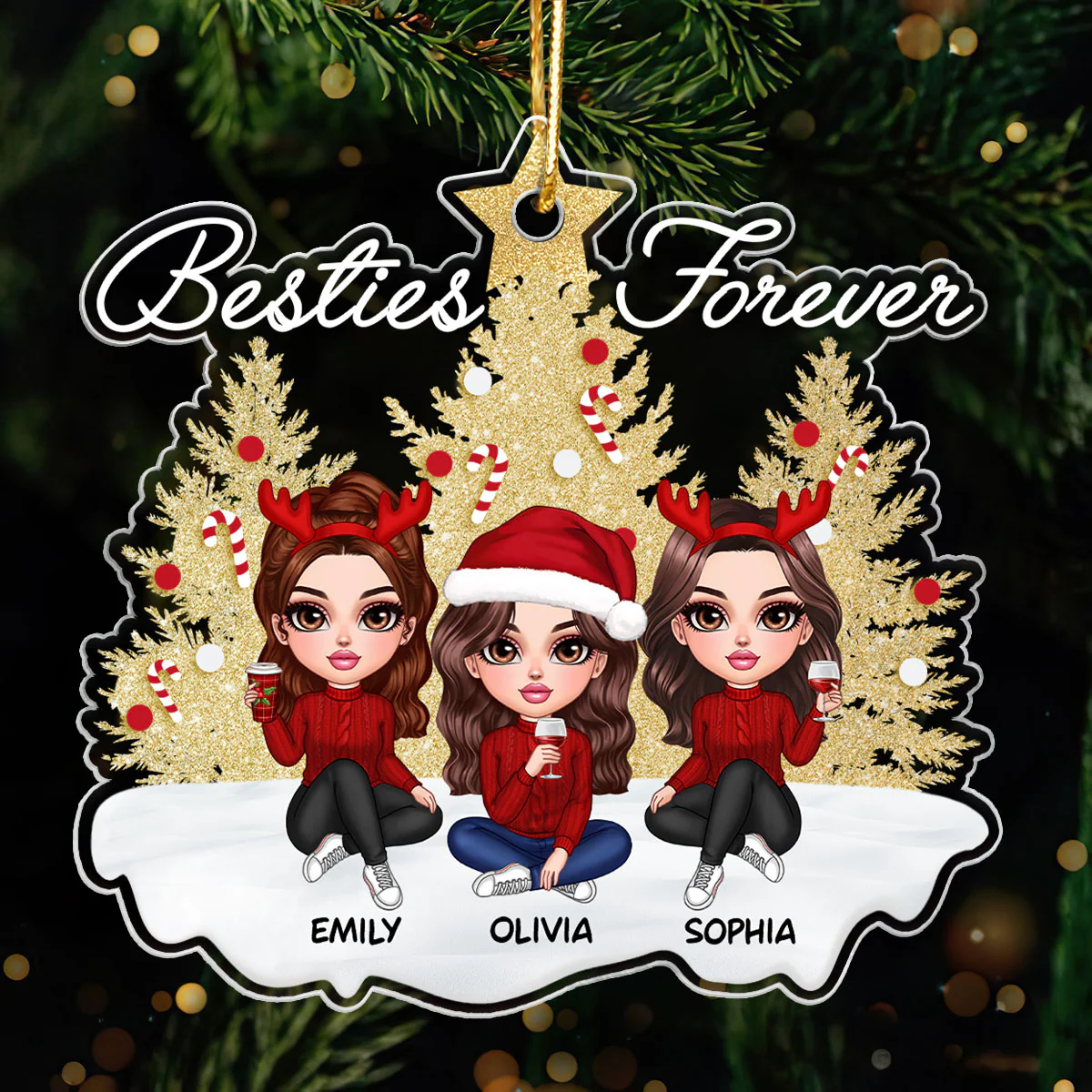 Sparkling Christmas Tree Besties Forever Personalized Acrylic Ornament, Christmas Gift For Best Friends - Image 5