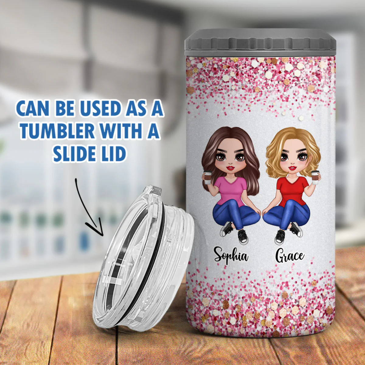 Sparkling Doll Besties Gift For Best Friends Personalized 4 In 1 Can Cooler - Image 7