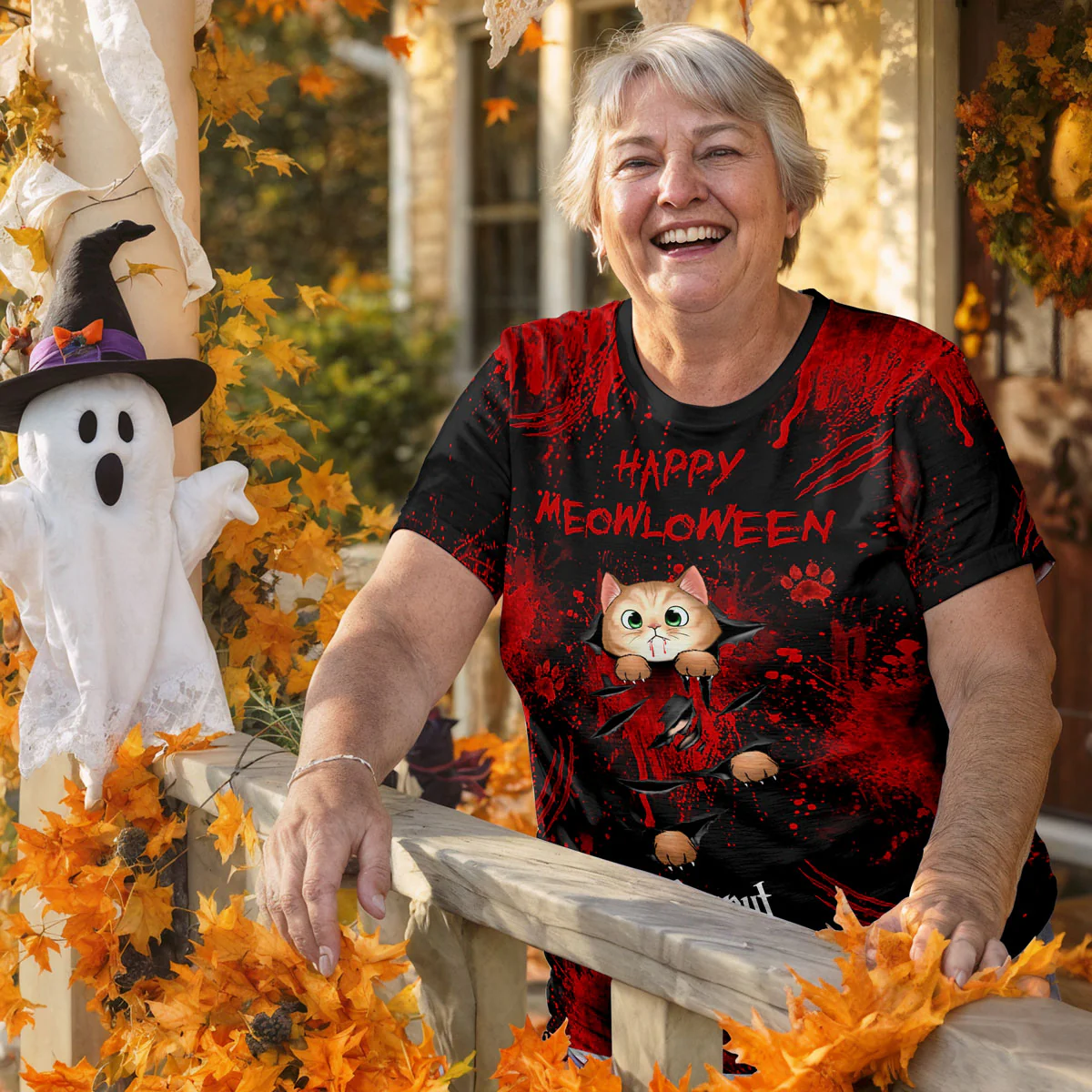 Spooky Cat Tearing Out Halloween Personalized Shirt, Purrfect Costume for Cat Lover - Image 2