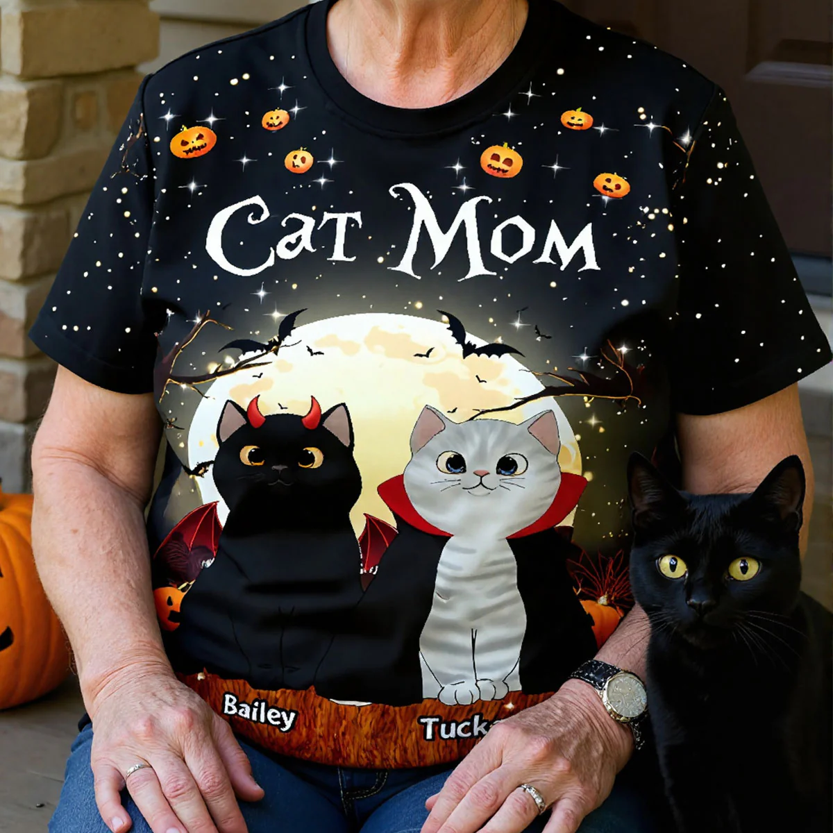 Spooky Cats In Halloween Moon Light Personalized Shirt, Halloween Costume For Cat Lover - Image 2