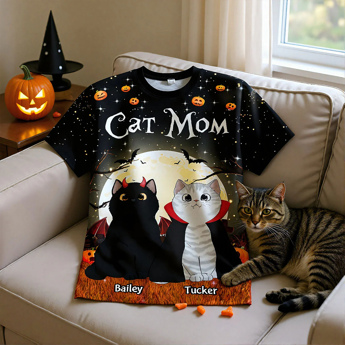 Spooky Cats In Halloween Moon Light Personalized Shirt, Halloween Costume For Cat Lover - Image 3