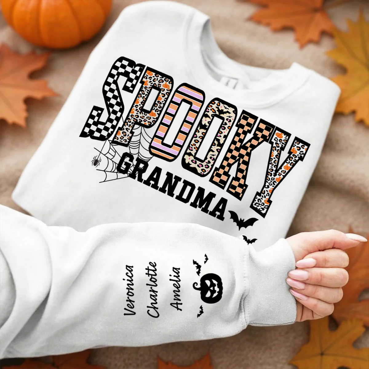 Spooky Grandma Halloween Vibe Personalized Sleeve Printed Sweatshirt - Image 2
