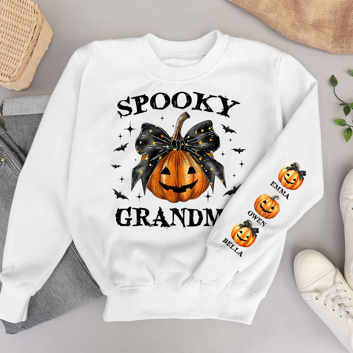 Spooky Grandma Mom Halloween Pumpkin Personalized Sleeve Printed Sweatshirt - Image 4