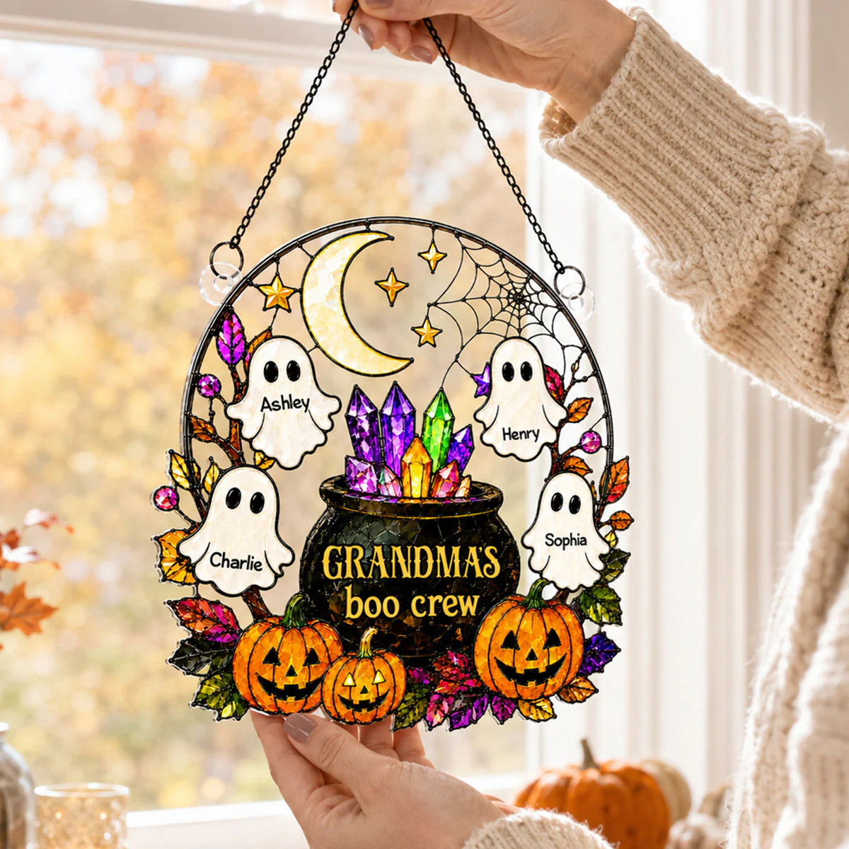Spooky Grandma's Boo Crew Cauldron - Personalized Acrylic Window Hanging - Halloween Decoration For Grandma - Image 3