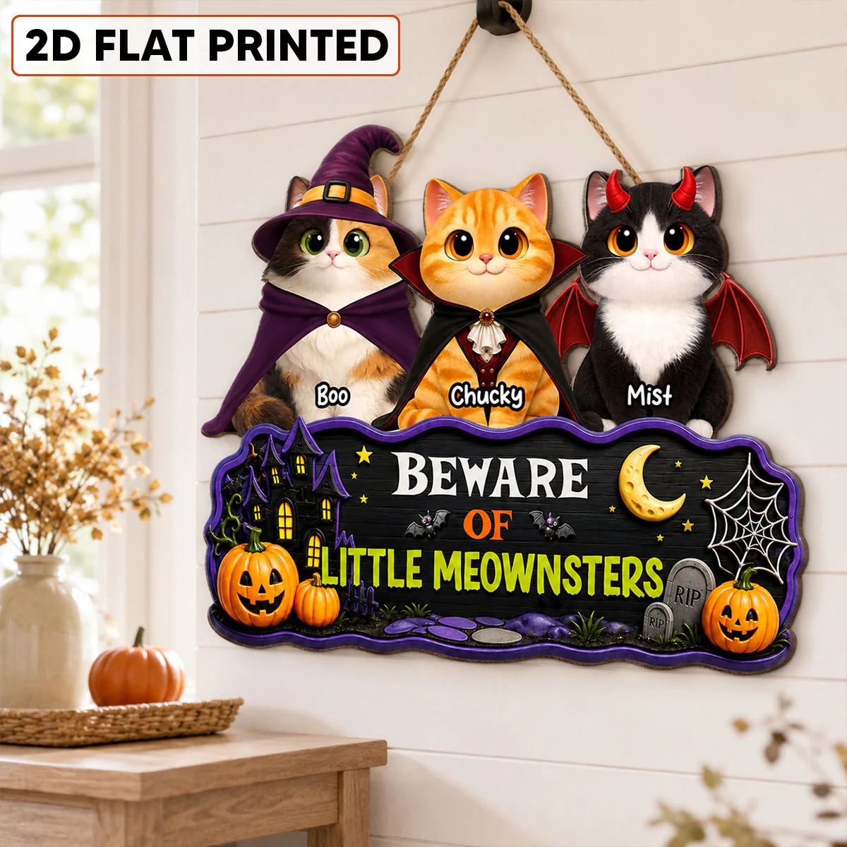 Spooky Halloween Beware of Little Cats Meownsters - Personalized Wood Sign - Halloween Gift For Cat Lovers, Halloween Decor - Image 2