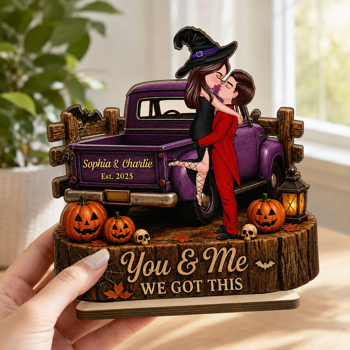 Spooky Halloween Couple Kissing - Personalized 2 Layered Wooden Plaque - Gift For Couple, Him, Her - Image 6