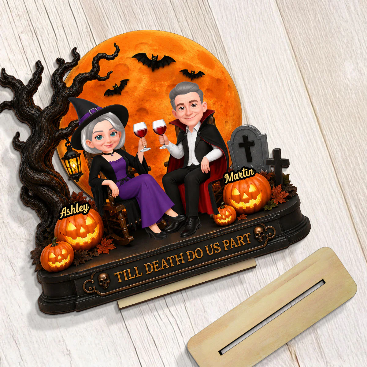 Spooky Halloween Couple With Moon - Personalized 2-Layered Wooden Plaque - Gift For Couple, Him, Her - Image 5