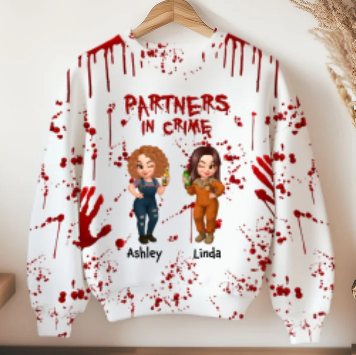 Spooky Halloween Partners In Crime Besties Sisters Personalized 3D Sweatshirt - Image 10