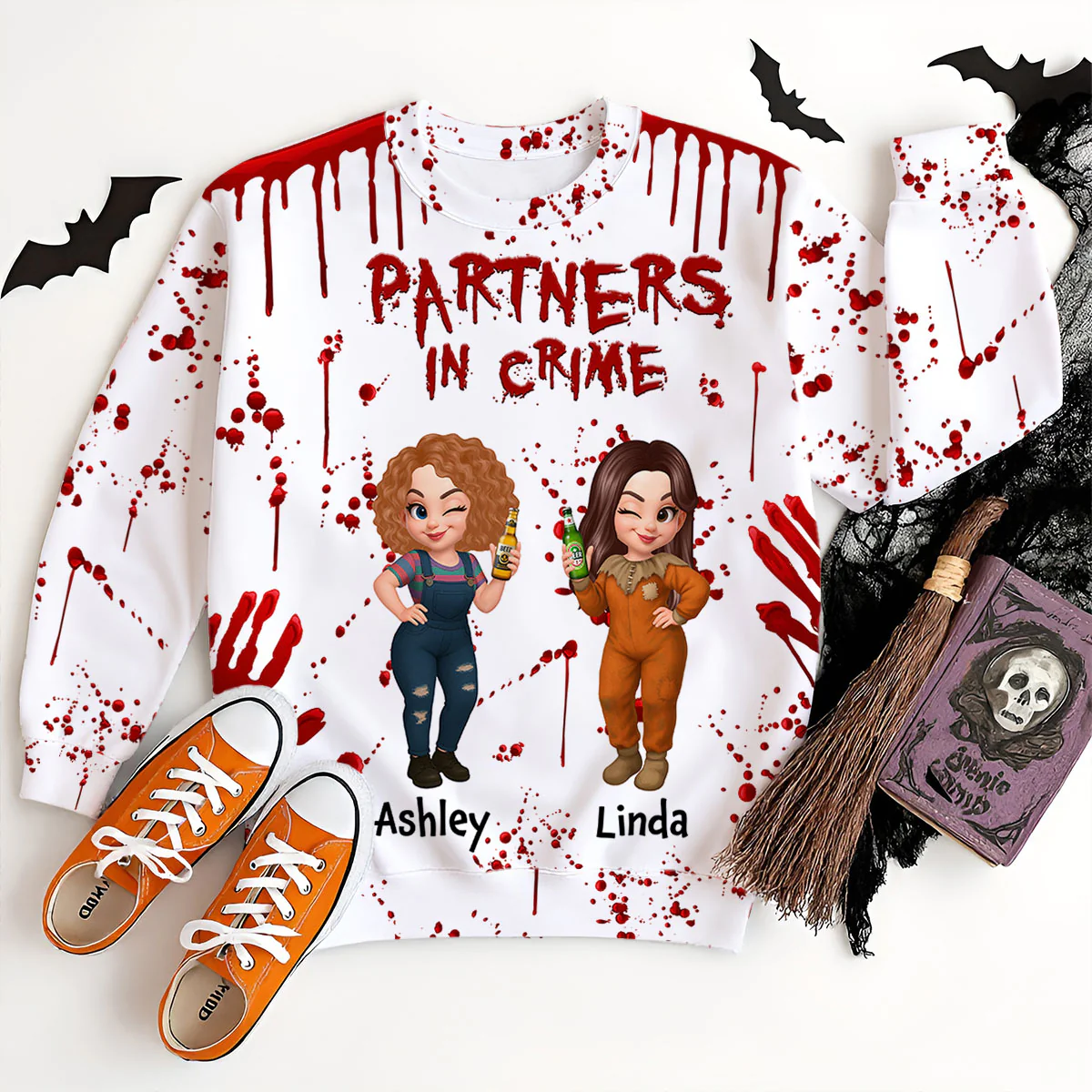 Spooky Halloween Partners In Crime Besties Sisters Personalized 3D Sweatshirt - Image 2