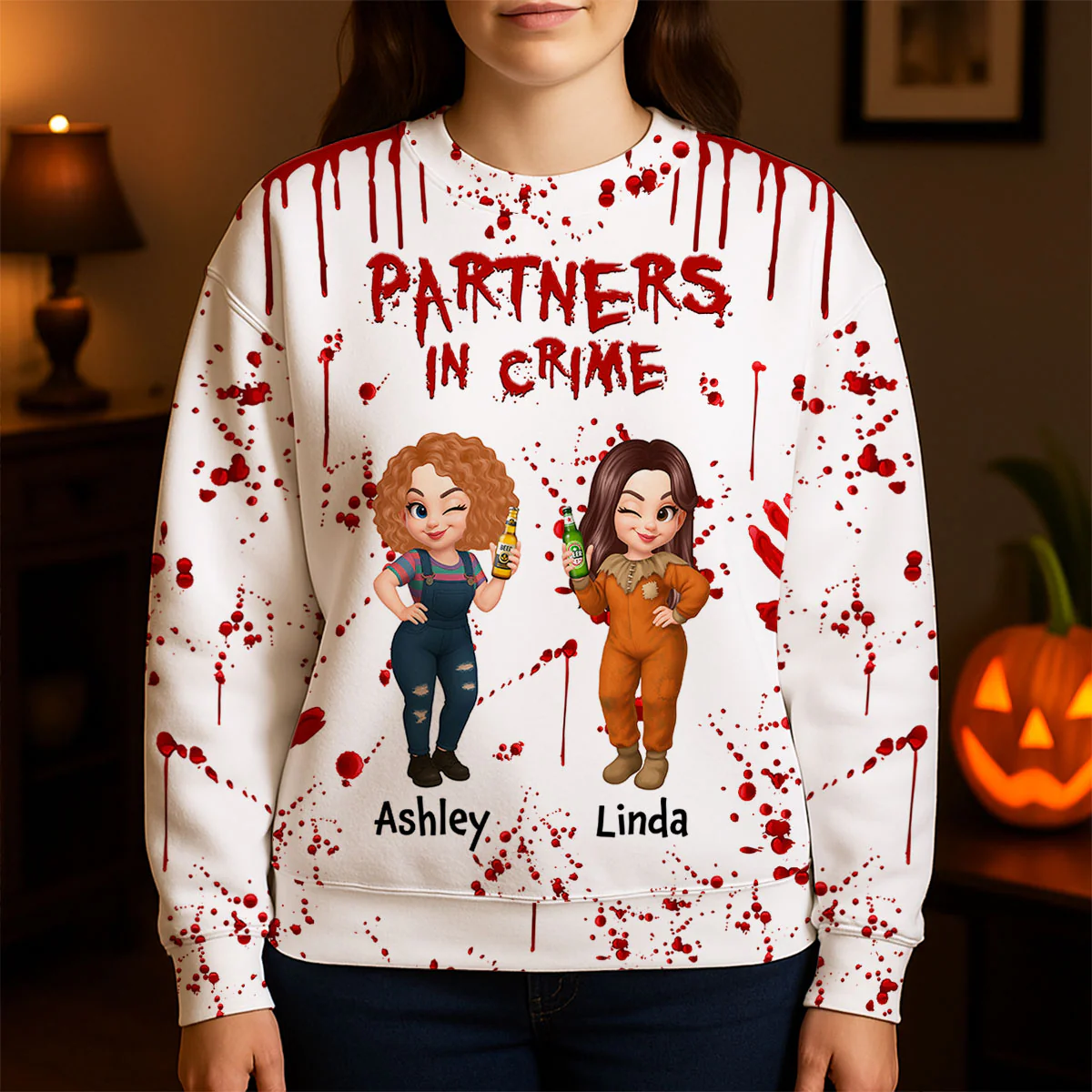 Spooky Halloween Partners In Crime Besties Sisters Personalized 3D Sweatshirt - Image 3