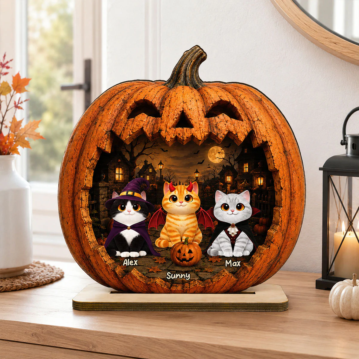 Spooky Halloween Pumpkin Cats - Personalized 2-Layered Wooden Plaque - Halloween Decor For Cat Lovers - Image 10