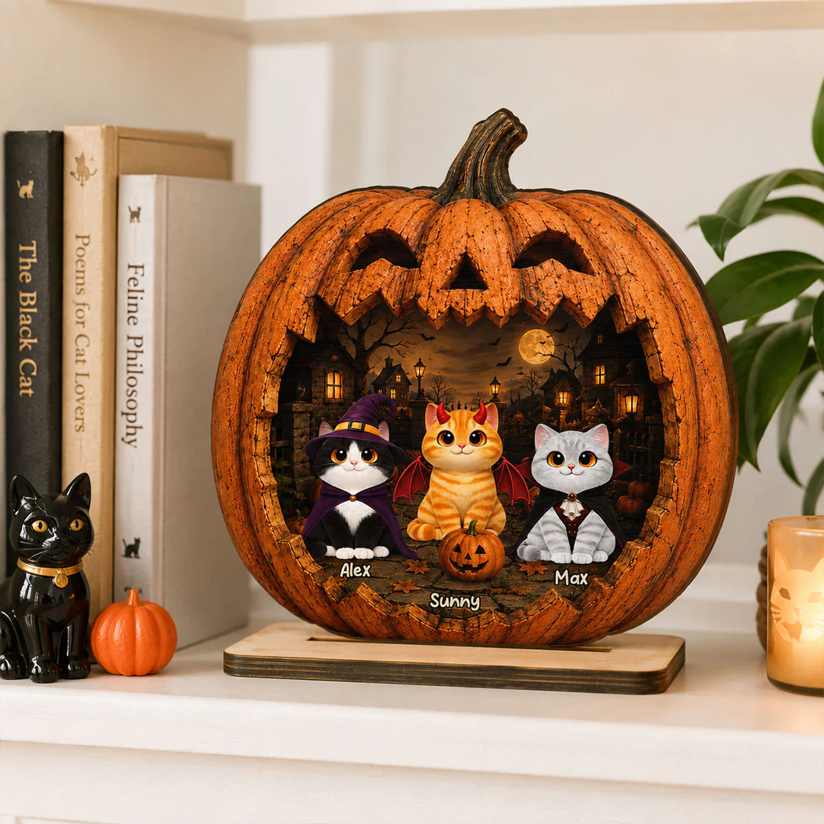 Spooky Halloween Pumpkin Cats - Personalized 2-Layered Wooden Plaque - Halloween Decor For Cat Lovers - Image 3