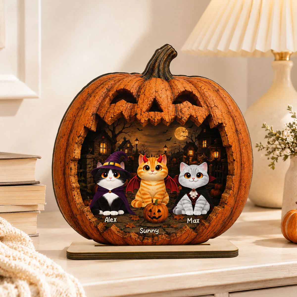 Spooky Halloween Pumpkin Cats - Personalized 2-Layered Wooden Plaque - Halloween Decor For Cat Lovers - Image 5