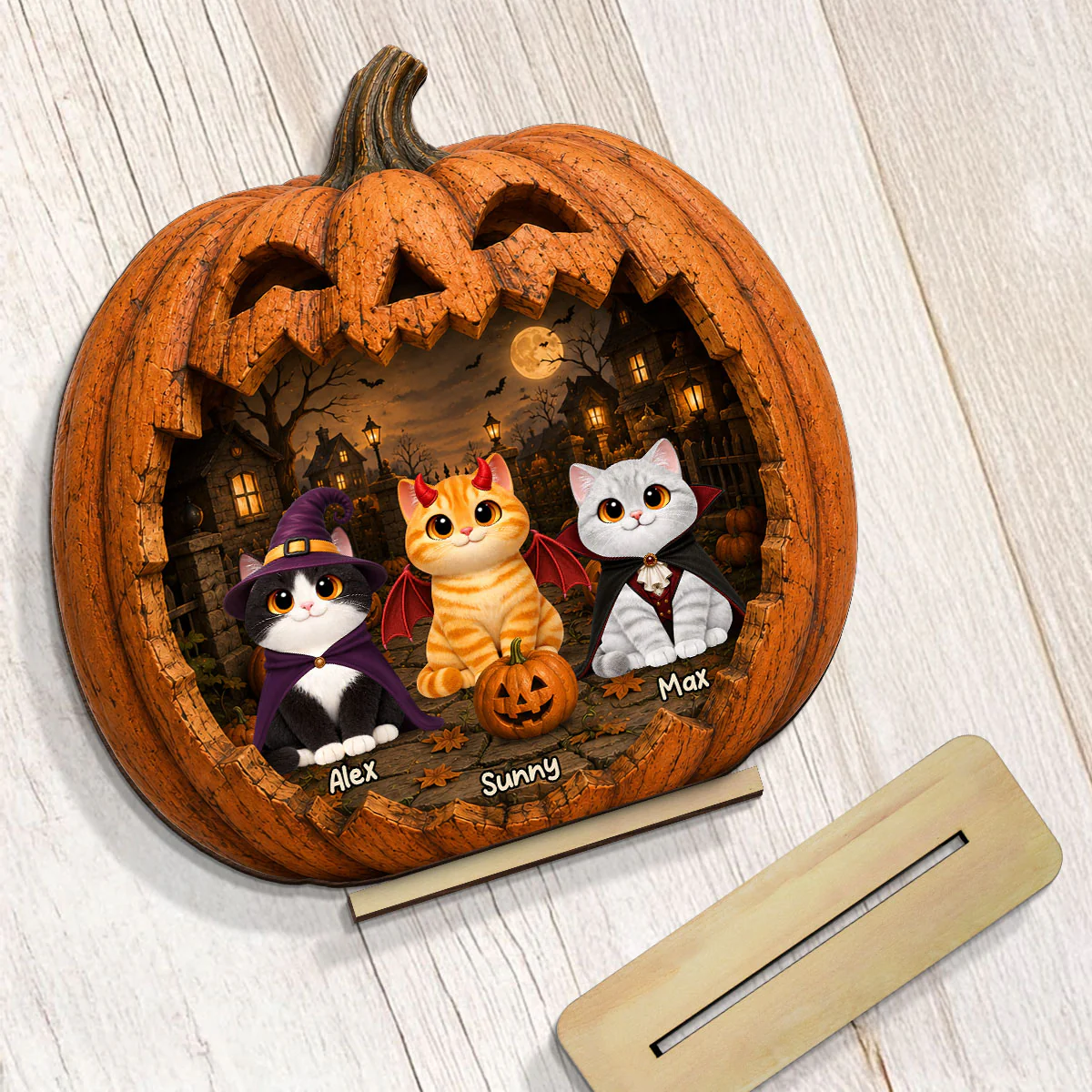 Spooky Halloween Pumpkin Cats - Personalized 2-Layered Wooden Plaque - Halloween Decor For Cat Lovers - Image 7
