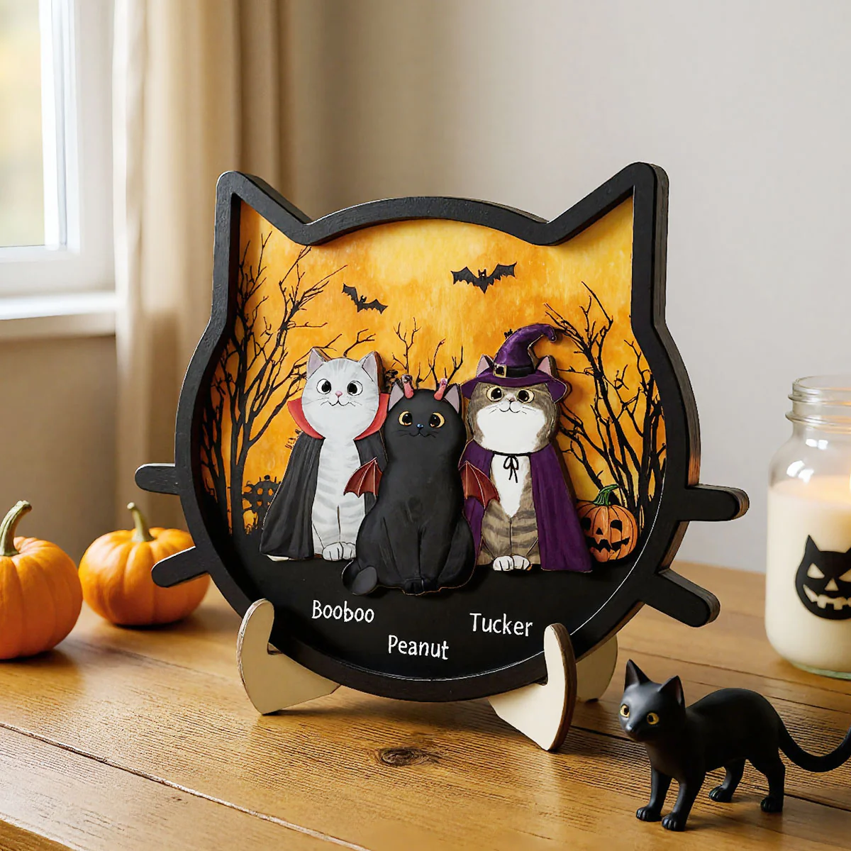 Spooky Halloween Theme Cat Face Personalized 2-Layer Wooden Plaque - Image 14