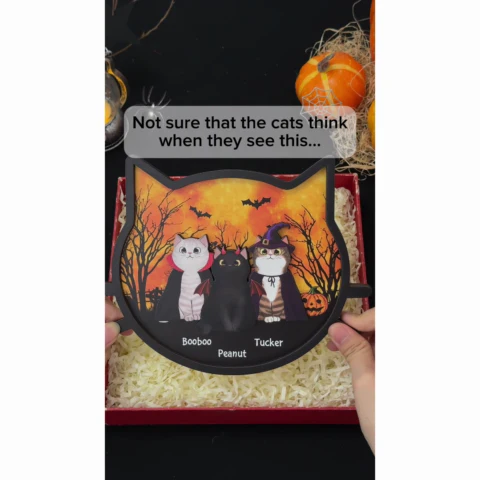 Spooky Halloween Theme Cat Face Personalized 2-Layer Wooden Plaque - Image 2