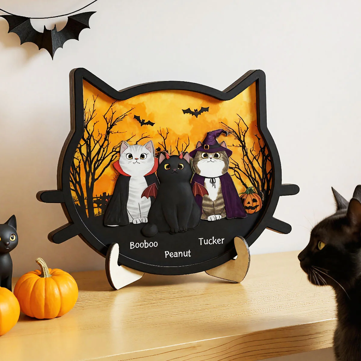 Spooky Halloween Theme Cat Face Personalized 2-Layer Wooden Plaque - Image 3