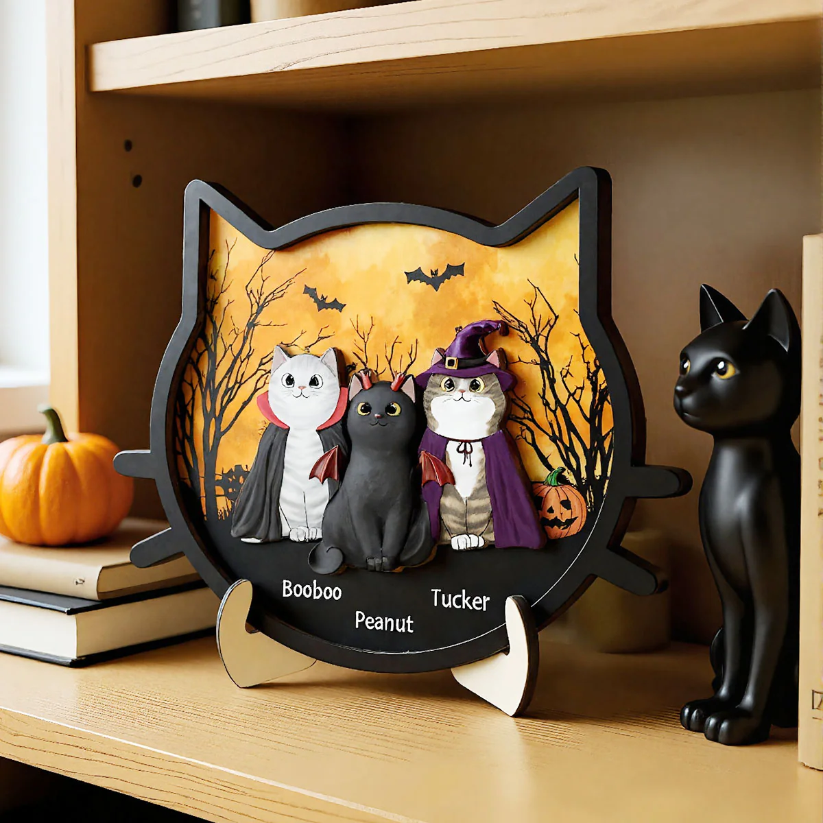 Spooky Halloween Theme Cat Face Personalized 2-Layer Wooden Plaque - Image 4