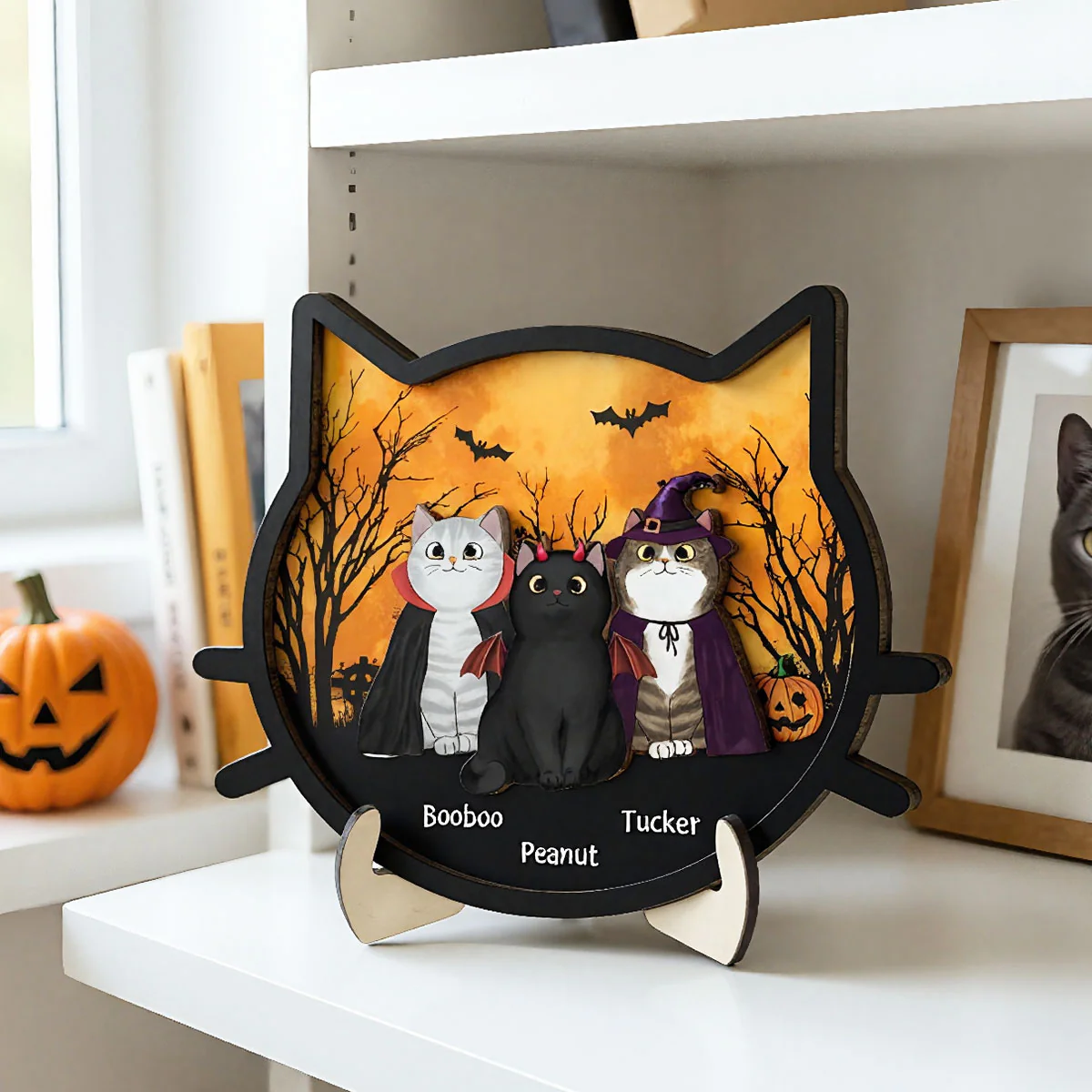 Spooky Halloween Theme Cat Face Personalized 2-Layer Wooden Plaque - Image 5
