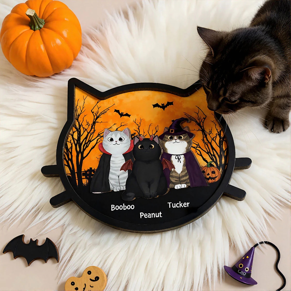 Spooky Halloween Theme Cat Face Personalized 2-Layer Wooden Plaque - Image 6