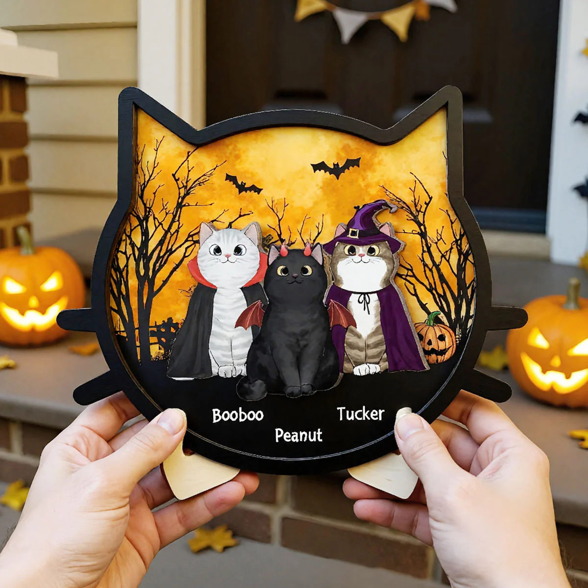 Spooky Halloween Theme Cat Face Personalized 2-Layer Wooden Plaque - Image 7
