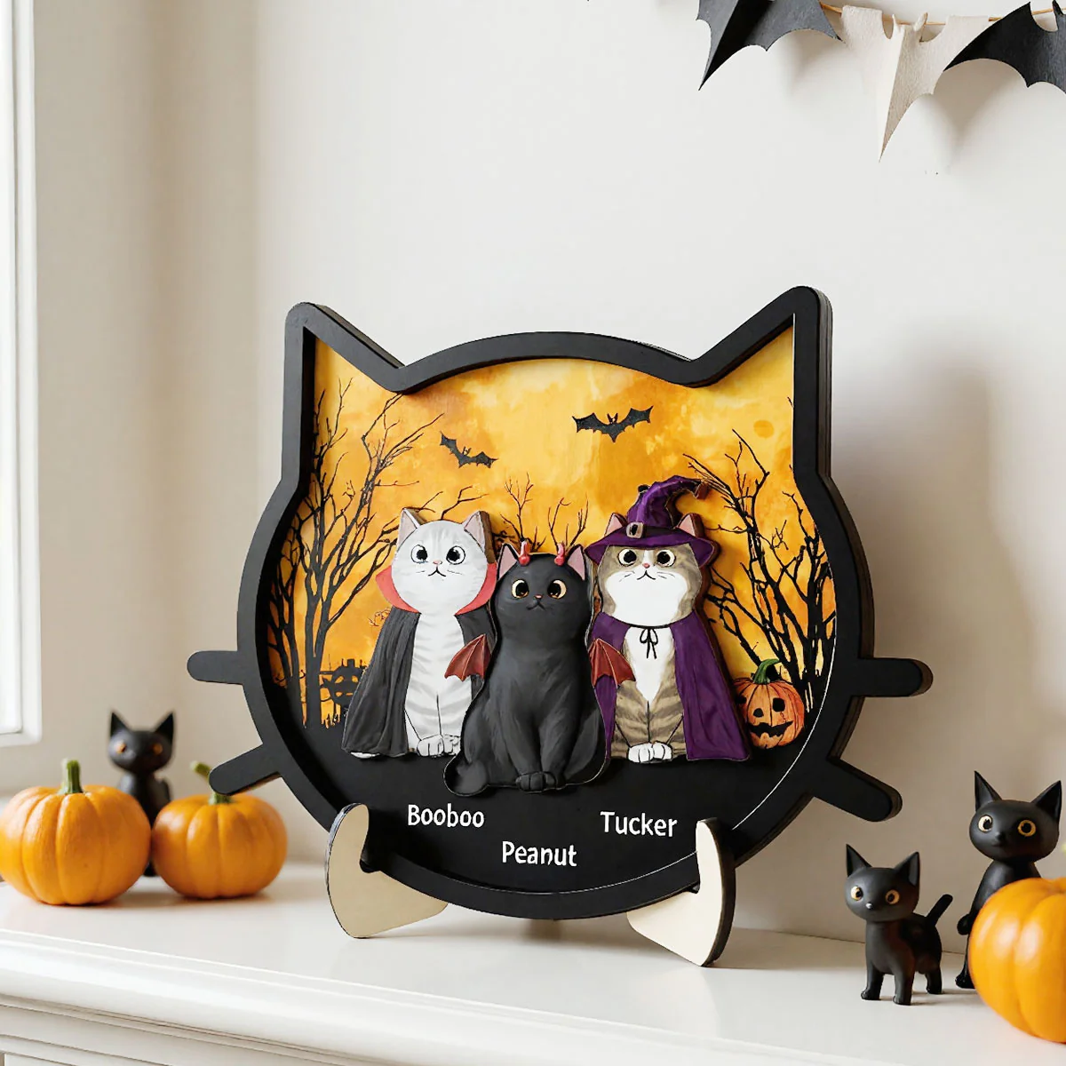 Spooky Halloween Theme Cat Face Personalized 2-Layer Wooden Plaque - Image 9