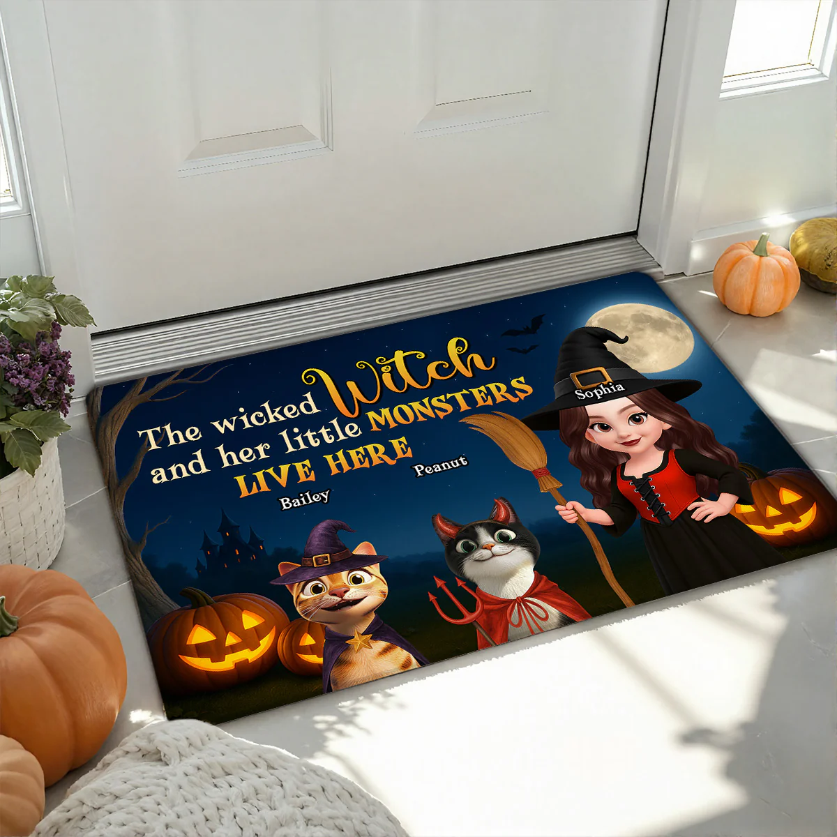 Spooky Halloween Theme Wicked Witch And Monsters Cats Personalized Doormat - Image 4
